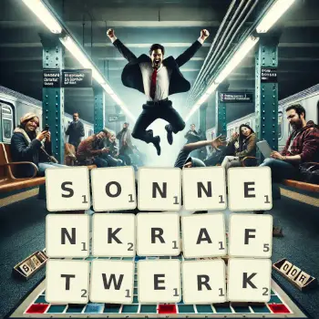 Kreative Illustration für ein Scrabble-Spiel, bei dem das Wort SONNENKRAFTWERK mit Steinen auf dem Brett gelegt wurde.