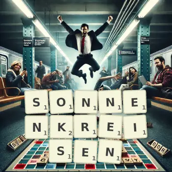 Kreative Illustration für ein Scrabble-Spiel, bei dem das Wort SONNENKREISEN mit Steinen auf dem Brett gelegt wurde.