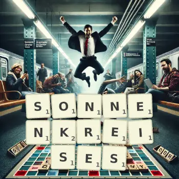 Kreative Illustration für ein Scrabble-Spiel, bei dem das Wort SONNENKREISES mit Steinen auf dem Brett gelegt wurde.