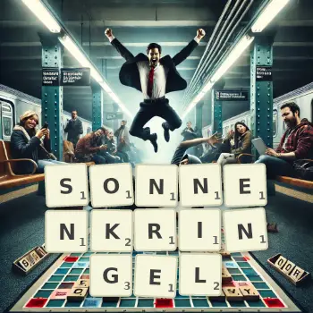 Kreative Illustration für ein Scrabble-Spiel, bei dem das Wort SONNENKRINGEL mit Steinen auf dem Brett gelegt wurde.