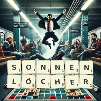 Kreative Illustration für ein Scrabble-Spiel, bei dem das Wort SONNENLÖCHER mit Steinen auf dem Brett gelegt wurde.