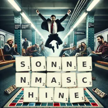 Kreative Illustration für ein Scrabble-Spiel, bei dem das Wort SONNENMASCHINE mit Steinen auf dem Brett gelegt wurde.