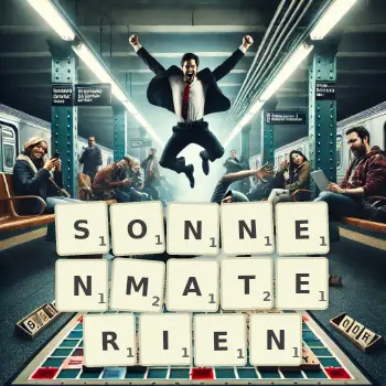 Kreative Illustration für ein Scrabble-Spiel, bei dem das Wort SONNENMATERIEN mit Steinen auf dem Brett gelegt wurde.