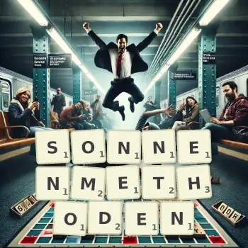 Kreative Illustration für ein Scrabble-Spiel, bei dem das Wort SONNENMETHODEN mit Steinen auf dem Brett gelegt wurde.