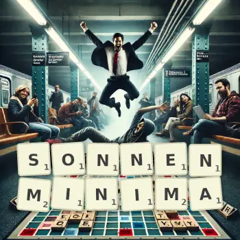 Kreative Illustration für ein Scrabble-Spiel, bei dem das Wort SONNENMINIMA mit Steinen auf dem Brett gelegt wurde.