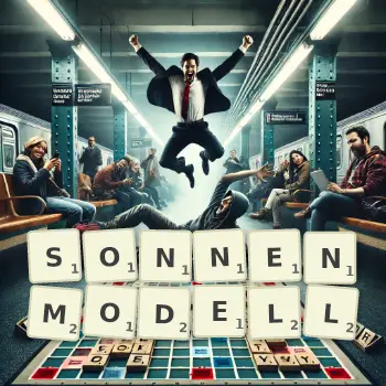Kreative Illustration für ein Scrabble-Spiel, bei dem das Wort SONNENMODELL mit Steinen auf dem Brett gelegt wurde.