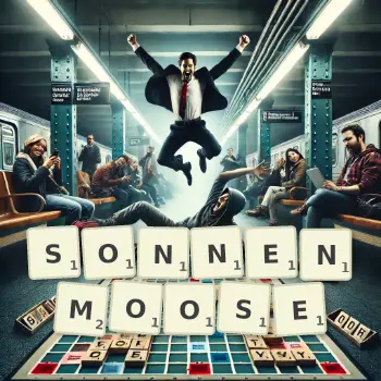 Kreative Illustration für ein Scrabble-Spiel, bei dem das Wort SONNENMOOSE mit Steinen auf dem Brett gelegt wurde.