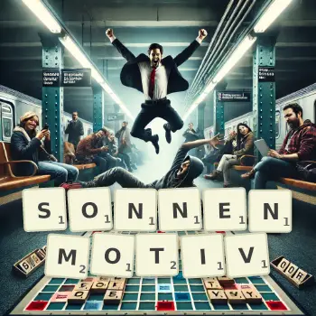Kreative Illustration für ein Scrabble-Spiel, bei dem das Wort SONNENMOTIV mit Steinen auf dem Brett gelegt wurde.