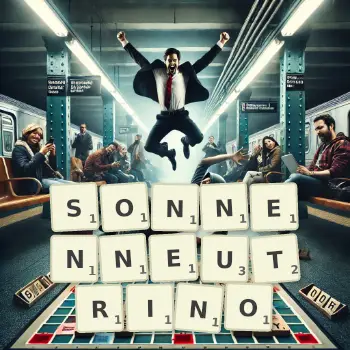 Kreative Illustration für ein Scrabble-Spiel, bei dem das Wort SONNENNEUTRINO mit Steinen auf dem Brett gelegt wurde.