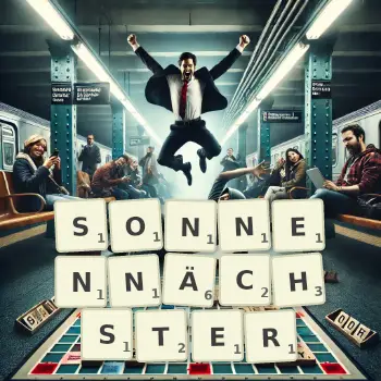 Kreative Illustration für ein Scrabble-Spiel, bei dem das Wort SONNENNÄCHSTER mit Steinen auf dem Brett gelegt wurde.