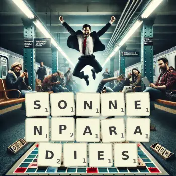 Kreative Illustration für ein Scrabble-Spiel, bei dem das Wort SONNENPARADIES mit Steinen auf dem Brett gelegt wurde.