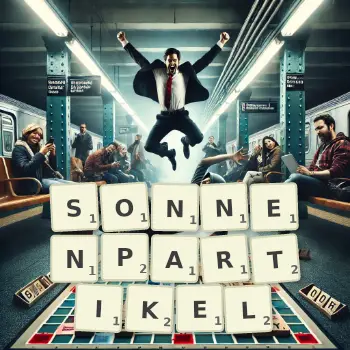 Kreative Illustration für ein Scrabble-Spiel, bei dem das Wort SONNENPARTIKEL mit Steinen auf dem Brett gelegt wurde.