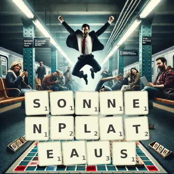 Kreative Illustration für ein Scrabble-Spiel, bei dem das Wort SONNENPLATEAUS mit Steinen auf dem Brett gelegt wurde.