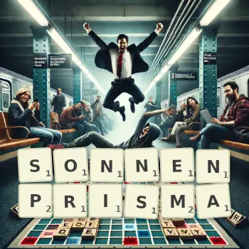 Kreative Illustration für ein Scrabble-Spiel, bei dem das Wort SONNENPRISMA mit Steinen auf dem Brett gelegt wurde.