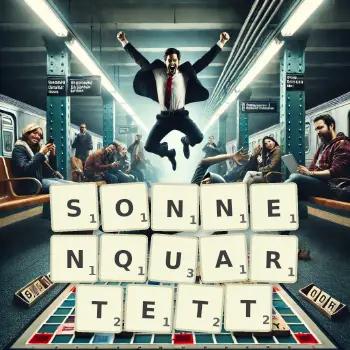 Kreative Illustration für ein Scrabble-Spiel, bei dem das Wort SONNENQUARTETT mit Steinen auf dem Brett gelegt wurde.