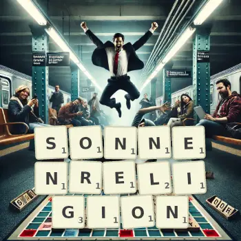 Kreative Illustration für ein Scrabble-Spiel, bei dem das Wort SONNENRELIGION mit Steinen auf dem Brett gelegt wurde.