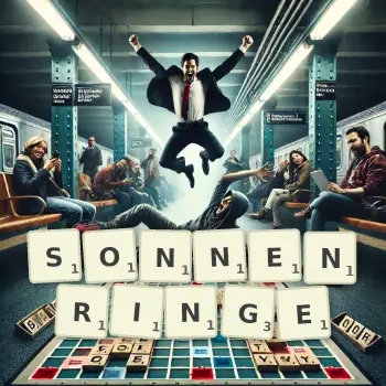 Kreative Illustration für ein Scrabble-Spiel, bei dem das Wort SONNENRINGE mit Steinen auf dem Brett gelegt wurde.