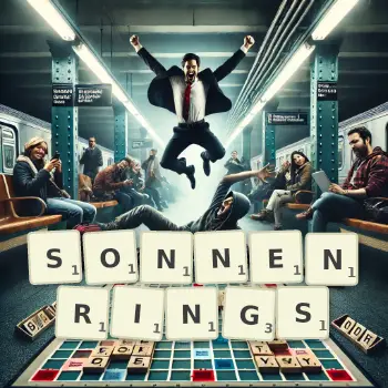 Kreative Illustration für ein Scrabble-Spiel, bei dem das Wort SONNENRINGS mit Steinen auf dem Brett gelegt wurde.