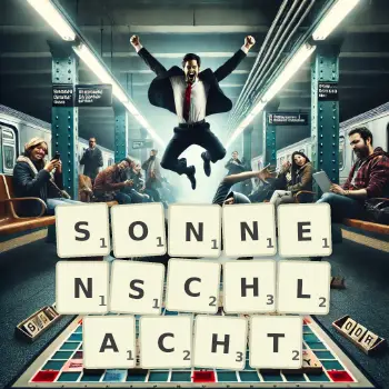 Kreative Illustration für ein Scrabble-Spiel, bei dem das Wort SONNENSCHLACHT mit Steinen auf dem Brett gelegt wurde.