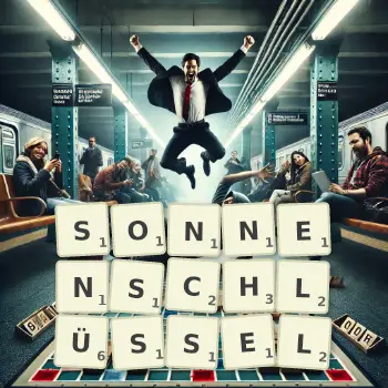 Kreative Illustration für ein Scrabble-Spiel, bei dem das Wort SONNENSCHLÜSSEL mit Steinen auf dem Brett gelegt wurde.