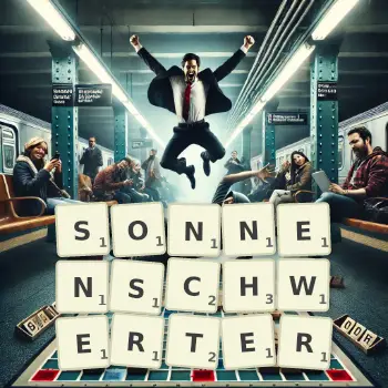 Kreative Illustration für ein Scrabble-Spiel, bei dem das Wort SONNENSCHWERTER mit Steinen auf dem Brett gelegt wurde.