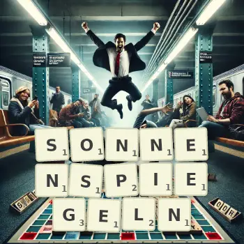 Kreative Illustration für ein Scrabble-Spiel, bei dem das Wort SONNENSPIEGELN mit Steinen auf dem Brett gelegt wurde.