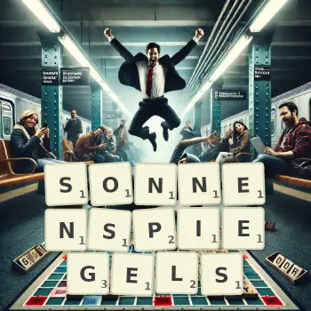 Kreative Illustration für ein Scrabble-Spiel, bei dem das Wort SONNENSPIEGELS mit Steinen auf dem Brett gelegt wurde.