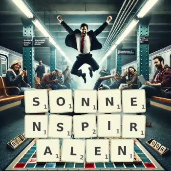 Kreative Illustration für ein Scrabble-Spiel, bei dem das Wort SONNENSPIRALEN mit Steinen auf dem Brett gelegt wurde.