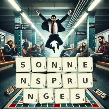 Kreative Illustration für ein Scrabble-Spiel, bei dem das Wort SONNENSPRUNGES mit Steinen auf dem Brett gelegt wurde.