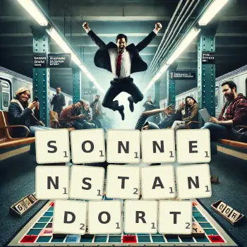 Kreative Illustration für ein Scrabble-Spiel, bei dem das Wort SONNENSTANDORT mit Steinen auf dem Brett gelegt wurde.