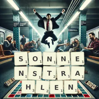 Kreative Illustration für ein Scrabble-Spiel, bei dem das Wort SONNENSTRAHLEN mit Steinen auf dem Brett gelegt wurde.