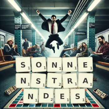 Kreative Illustration für ein Scrabble-Spiel, bei dem das Wort SONNENSTRANDES mit Steinen auf dem Brett gelegt wurde.