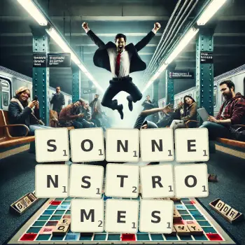 Kreative Illustration für ein Scrabble-Spiel, bei dem das Wort SONNENSTROMES mit Steinen auf dem Brett gelegt wurde.