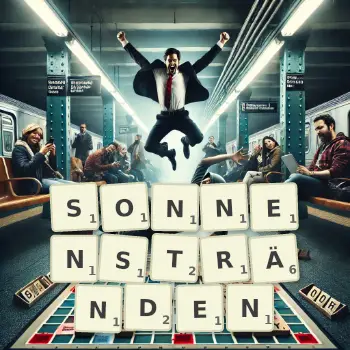 Kreative Illustration für ein Scrabble-Spiel, bei dem das Wort SONNENSTRÄNDEN mit Steinen auf dem Brett gelegt wurde.