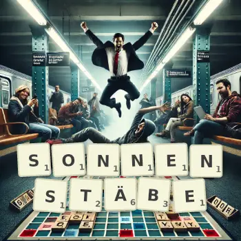Kreative Illustration für ein Scrabble-Spiel, bei dem das Wort SONNENSTÄBE mit Steinen auf dem Brett gelegt wurde.