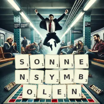 Kreative Illustration für ein Scrabble-Spiel, bei dem das Wort SONNENSYMBOLEN mit Steinen auf dem Brett gelegt wurde.