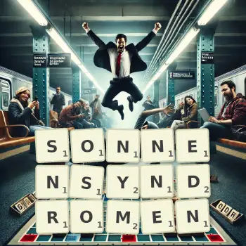 Kreative Illustration für ein Scrabble-Spiel, bei dem das Wort SONNENSYNDROMEN mit Steinen auf dem Brett gelegt wurde.