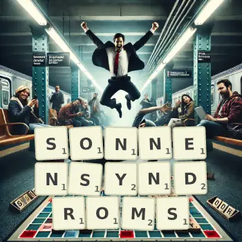 Kreative Illustration für ein Scrabble-Spiel, bei dem das Wort SONNENSYNDROMS mit Steinen auf dem Brett gelegt wurde.