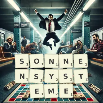 Kreative Illustration für ein Scrabble-Spiel, bei dem das Wort SONNENSYSTEME mit Steinen auf dem Brett gelegt wurde.