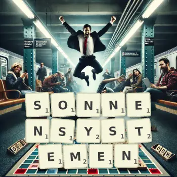 Kreative Illustration für ein Scrabble-Spiel, bei dem das Wort SONNENSYSTEMEN mit Steinen auf dem Brett gelegt wurde.