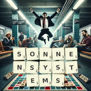 Kreative Illustration für ein Scrabble-Spiel, bei dem das Wort SONNENSYSTEMS mit Steinen auf dem Brett gelegt wurde.