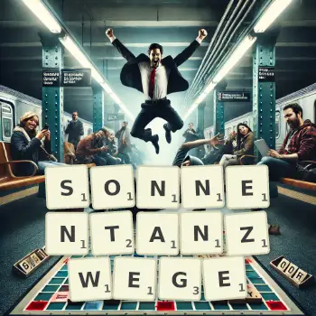 Kreative Illustration für ein Scrabble-Spiel, bei dem das Wort SONNENTANZWEGE mit Steinen auf dem Brett gelegt wurde.