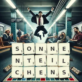 Kreative Illustration für ein Scrabble-Spiel, bei dem das Wort SONNENTEILCHENS mit Steinen auf dem Brett gelegt wurde.