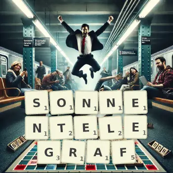Kreative Illustration für ein Scrabble-Spiel, bei dem das Wort SONNENTELEGRAF mit Steinen auf dem Brett gelegt wurde.