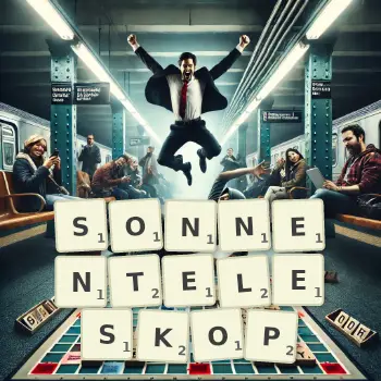 Kreative Illustration für ein Scrabble-Spiel, bei dem das Wort SONNENTELESKOP mit Steinen auf dem Brett gelegt wurde.