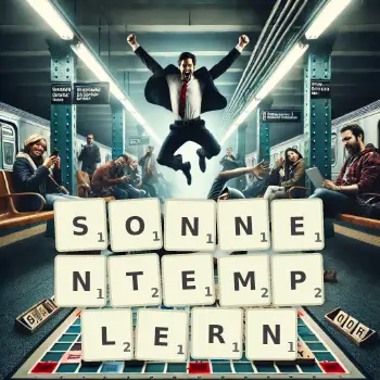 Kreative Illustration für ein Scrabble-Spiel, bei dem das Wort SONNENTEMPLERN mit Steinen auf dem Brett gelegt wurde.