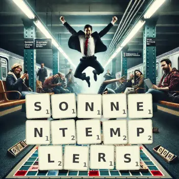 Kreative Illustration für ein Scrabble-Spiel, bei dem das Wort SONNENTEMPLERS mit Steinen auf dem Brett gelegt wurde.