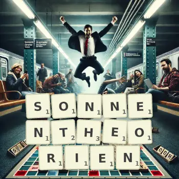 Kreative Illustration für ein Scrabble-Spiel, bei dem das Wort SONNENTHEORIEN mit Steinen auf dem Brett gelegt wurde.