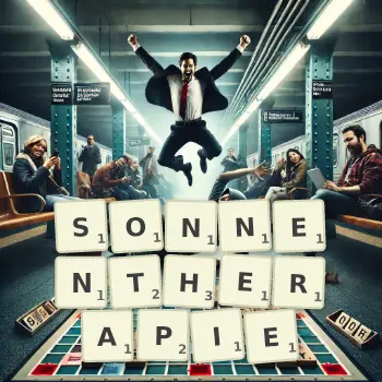 Kreative Illustration für ein Scrabble-Spiel, bei dem das Wort SONNENTHERAPIE mit Steinen auf dem Brett gelegt wurde.