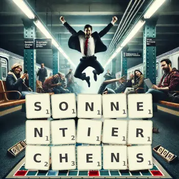 Kreative Illustration für ein Scrabble-Spiel, bei dem das Wort SONNENTIERCHENS mit Steinen auf dem Brett gelegt wurde.
